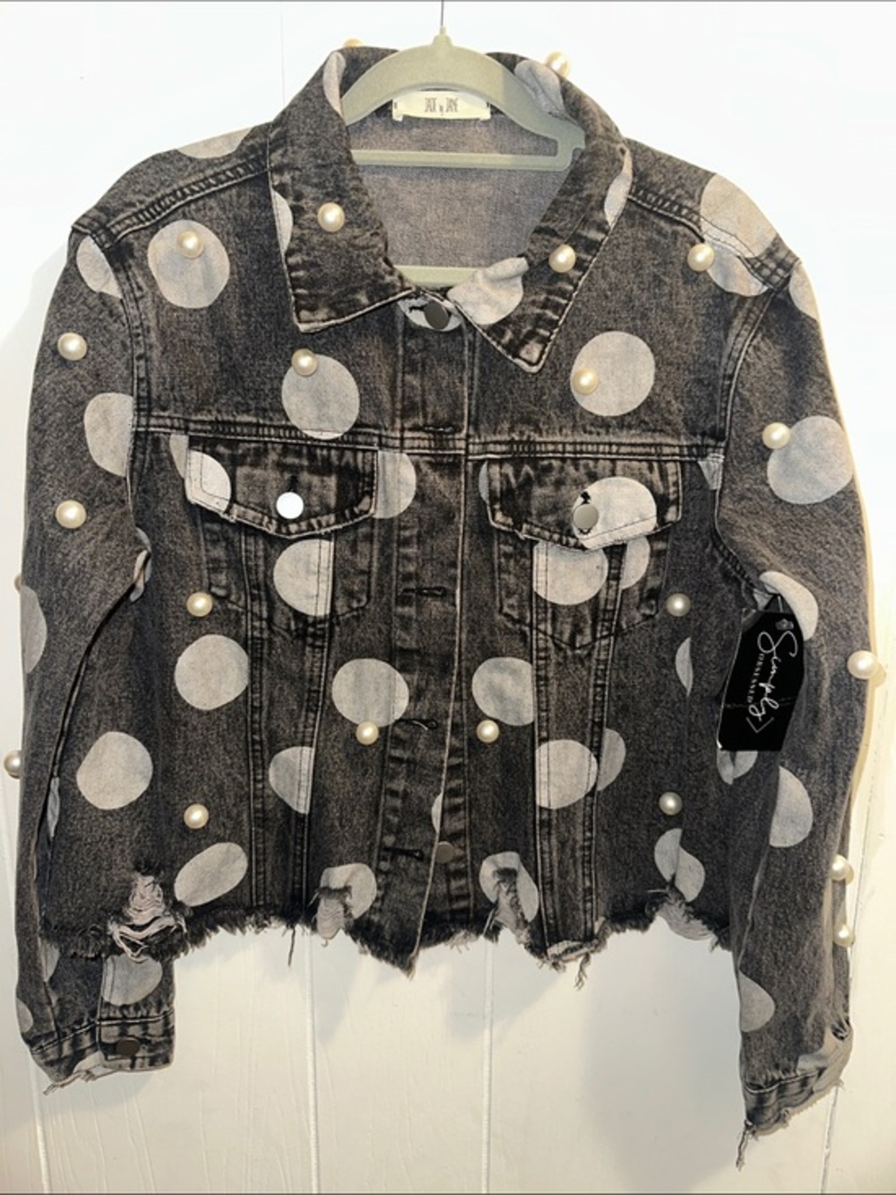 Sincerely Polka Dot Pearl-Embellished Black Denim Jacket